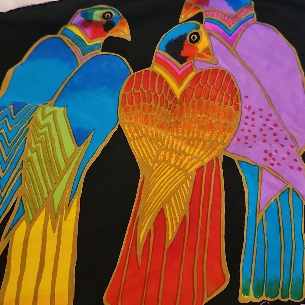 LAUREL BURCH Colorful Rainbow Tropical Bird Print Silk Resort Festival Scarf